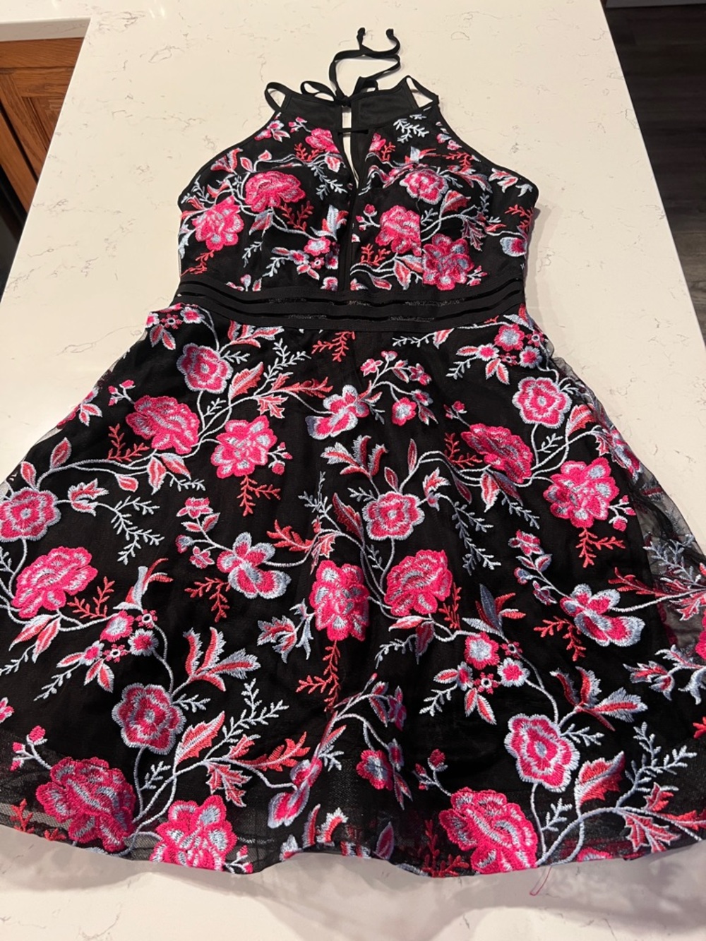 I.N. San Francisco Black Halter Dress with Pink Floral Embroidery Size 11